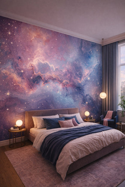 Celestial navy cosmic cosmic nebula featuring starlight - Wall Mural Peel and Stick Wallpaper for Outer Space / Celestial Master Bedroom.