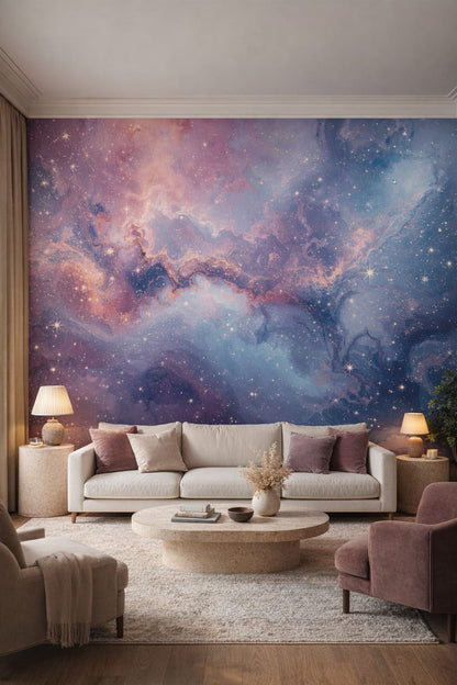 Quiet Luxury greige cosmic nebula featuring starlight - Wall Mural Peel and Stick Wallpaper for Quiet Luxury Living Room.