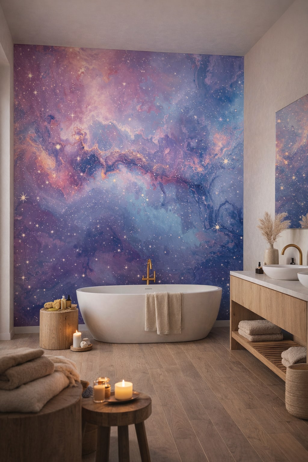 Sand Japandi cosmic nebula featuring starlight - Wall Mural Peel and Stick Wallpaper for Japandi Luxury Bathroom.