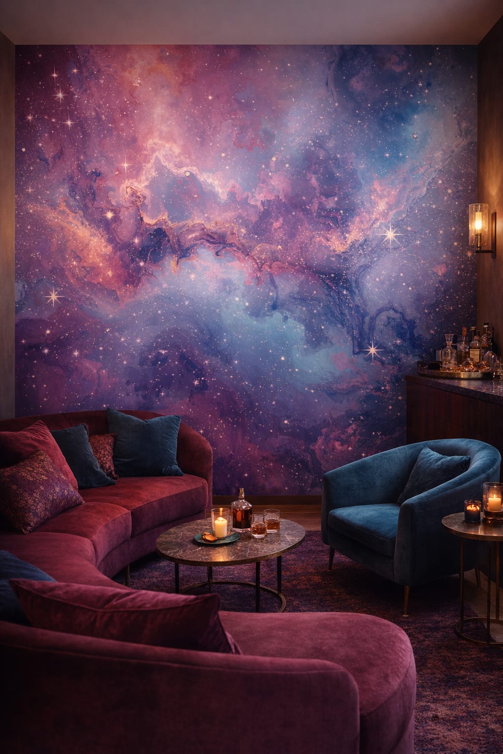 Color-drenched bold-deep cosmic nebula featuring starlight - Wall Mural Peel and Stick Wallpaper for Color-drenched Bar/Lounge.
