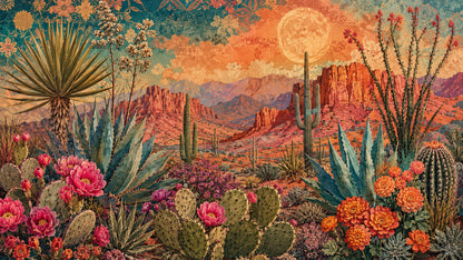 Vintage sun-washed Teal desert landscape featuring cacti and desert wildflowers - Wall Mural & Peel and Stick Wallpaper for Vintage Interiors and Premium Home Styling