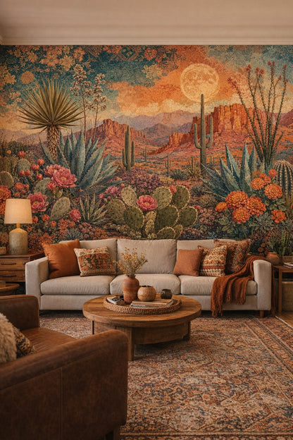 Terracotta turquoise desert landscape featuring cacti - Wall Mural Peel and Stick Wallpaper for Southwestern Living Room.