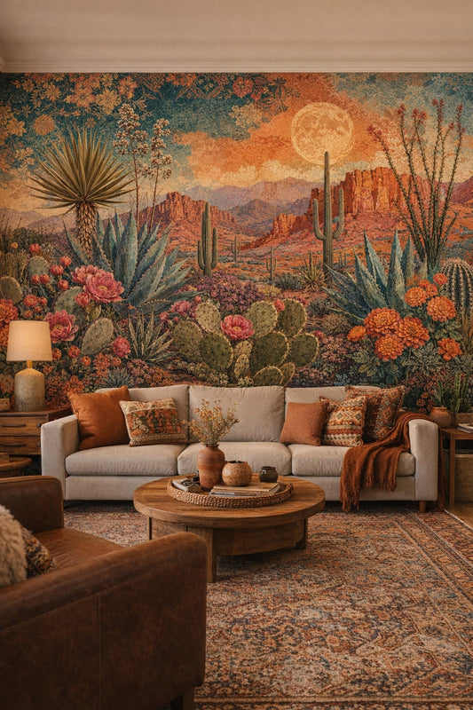 Terracotta turquoise desert landscape featuring cacti - Wall Mural Peel and Stick Wallpaper for Southwestern Living Room.