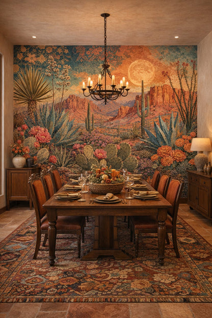 Santa Fe terracotta desert landscape featuring cacti - Wall Mural Peel and Stick Wallpaper for Santa Fe Formal Dining Room.