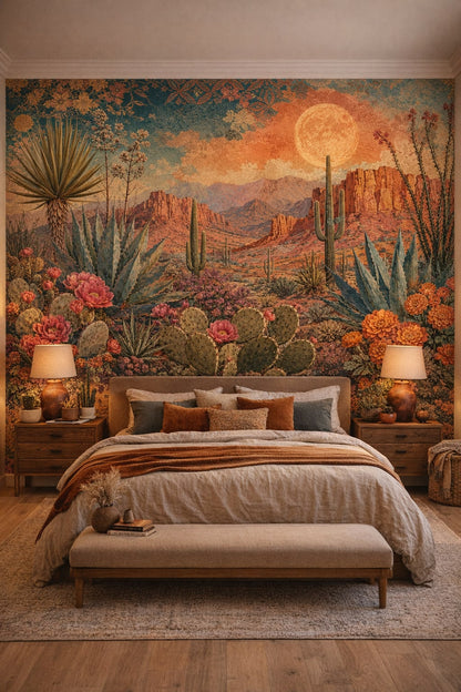Sand-toned, clay-hued desert landscape featuring cacti - Wall Mural Peel and Stick Wallpaper for Desert Modern Master Bedroom.