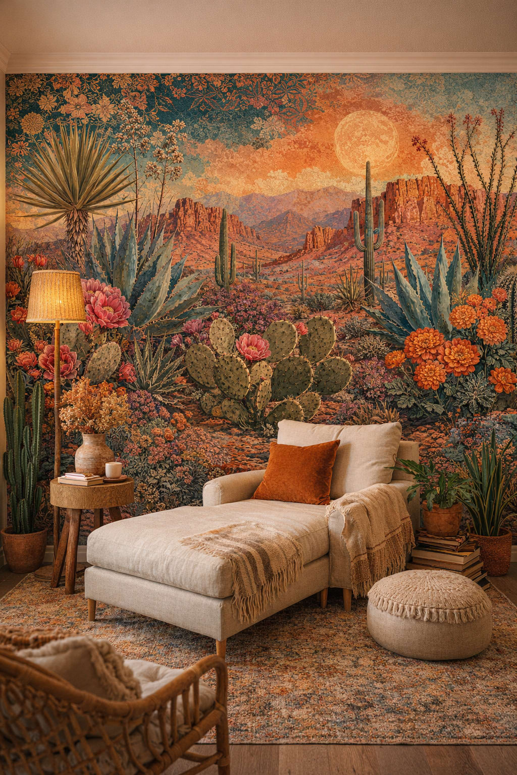 Boho Chic warm-neutral desert landscape featuring cacti - Wall Mural Peel and Stick Wallpaper for Boho Chic Reading Corner.