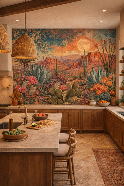 Mediterranean terracotta desert landscape featuring cacti - Wall Mural Peel and Stick Wallpaper for Mediterranean High-end Kitchen.
