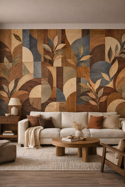 Organic Modern cream abstract botanicals featuring geometric arches - Wall Mural Peel and Stick Wallpaper for Organic Modern Living Room.
