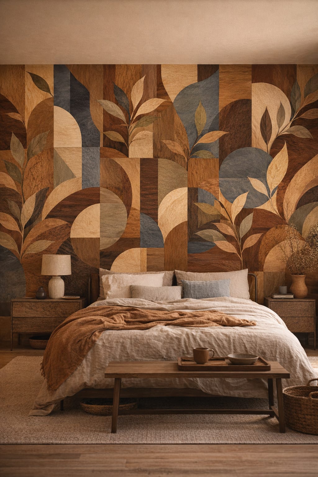 Wabi-sabi muted earth tones abstract botanicals featuring geometric arches - Wall Mural Peel and Stick Wallpaper for Wabi-sabi Master Bedroom.