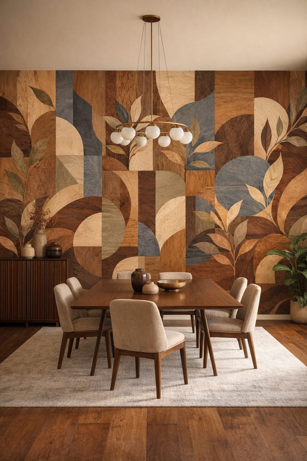 Brazilian Modernist white-and-wood abstract botanicals featuring geometric arches - Wall Mural Peel and Stick Wallpaper for Brazilian Modernism Formal Dining Room.