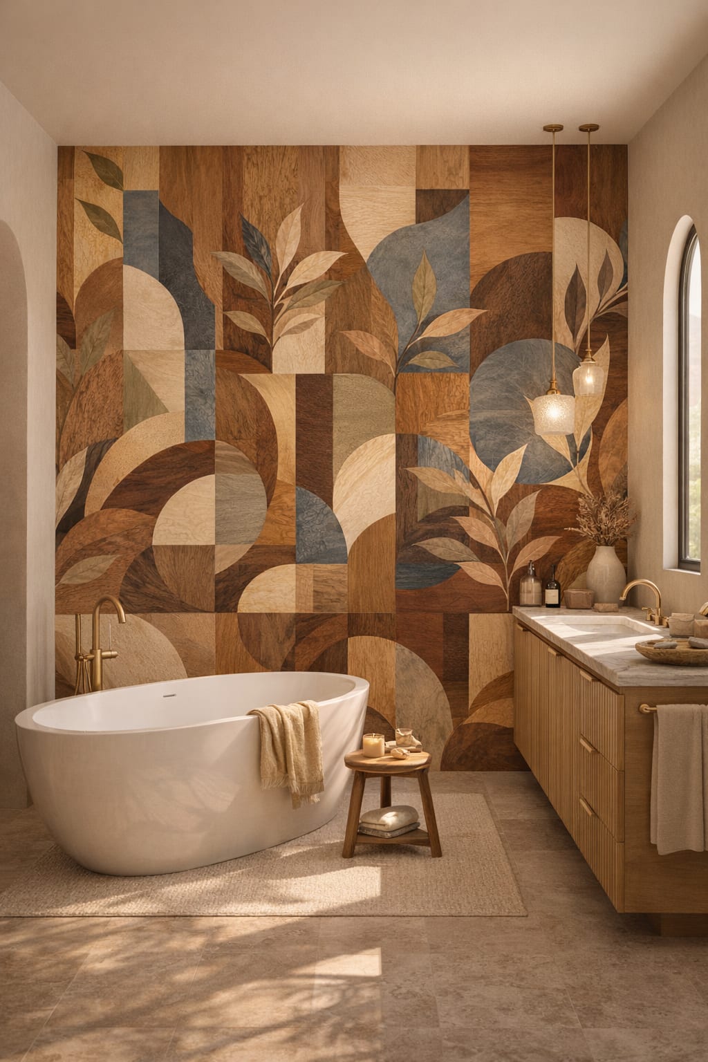 Mediterranean Modern sand blue abstract botanicals featuring geometric arches - Wall Mural Peel and Stick Wallpaper for Mediterranean Modern Luxury Bathroom.