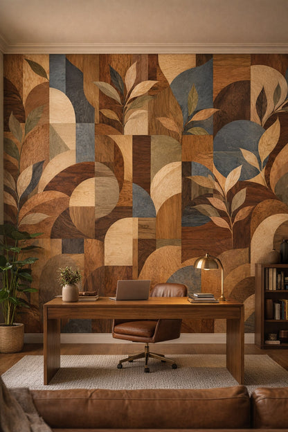 Biophilic green-neutral abstract botanicals featuring geometric arches - Wall Mural Peel and Stick Wallpaper for Biophilic Design Executive Home Office.