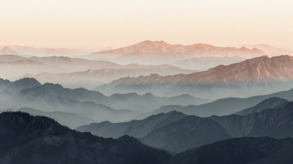 Atmospheric tranquil Blue Gray mountain landscape featuring mist layers and dawn sky - Wall Mural & Peel and Stick Wallpaper for Painterly Interiors and Premium Home Styling