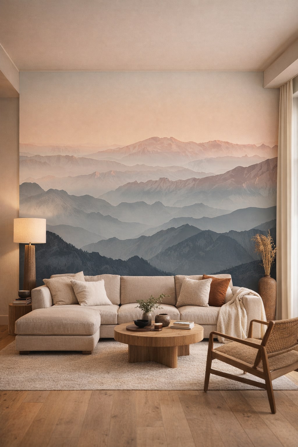 Cream Modern mountain landscape featuring mist layers - Wall Mural Peel and Stick Wallpaper for Organic Modern Living Room.