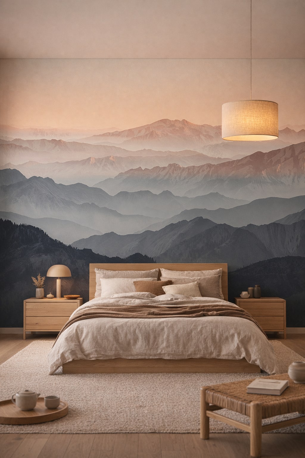 Japandi charcoal mountain landscape featuring mist layers - Wall Mural Peel and Stick Wallpaper for Japandi Master Bedroom.
