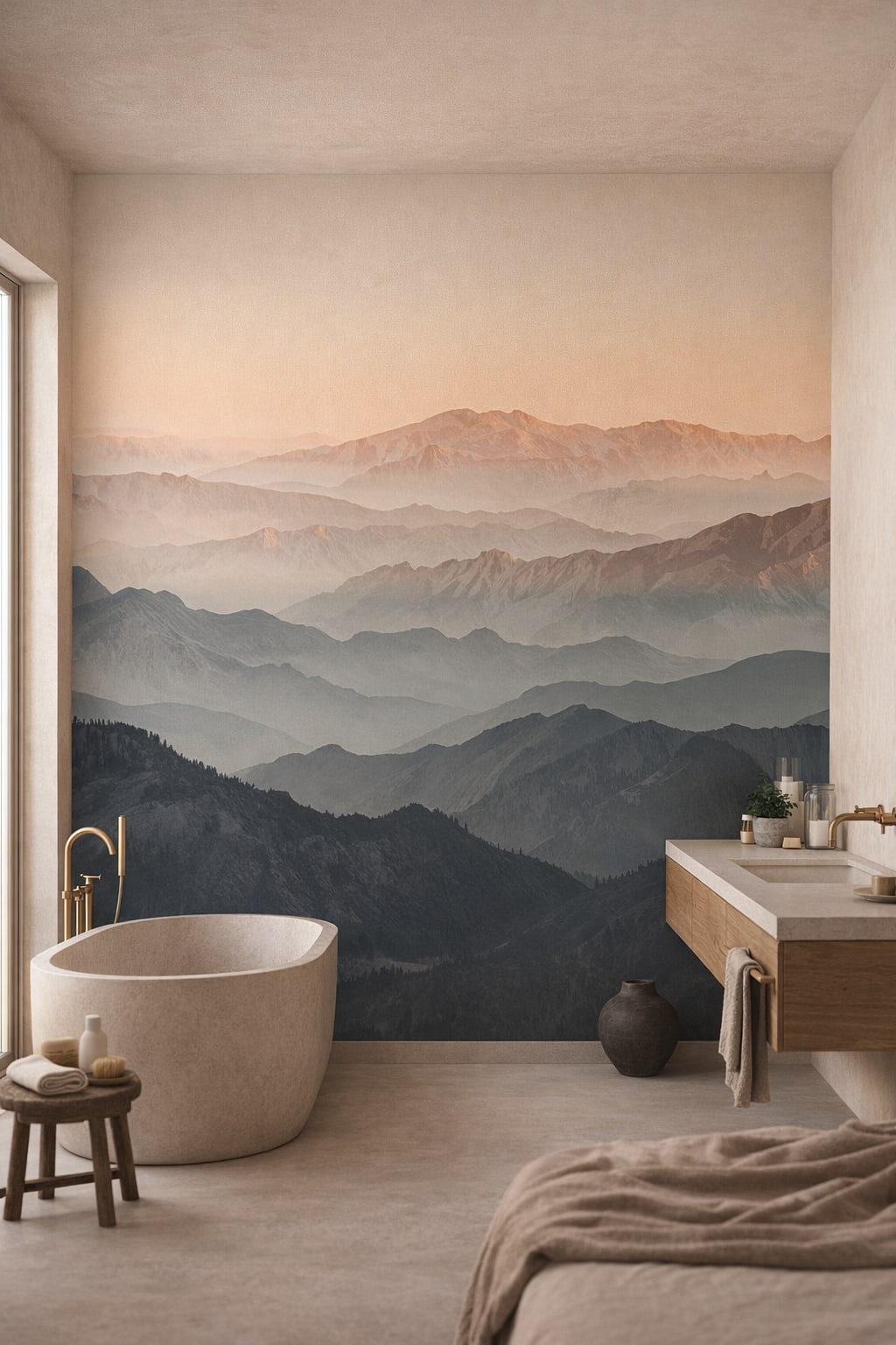 Organic muted-earth mountain landscape featuring mist layers - Wall Mural Peel and Stick Wallpaper for Wabi-sabi Luxury Bathroom.