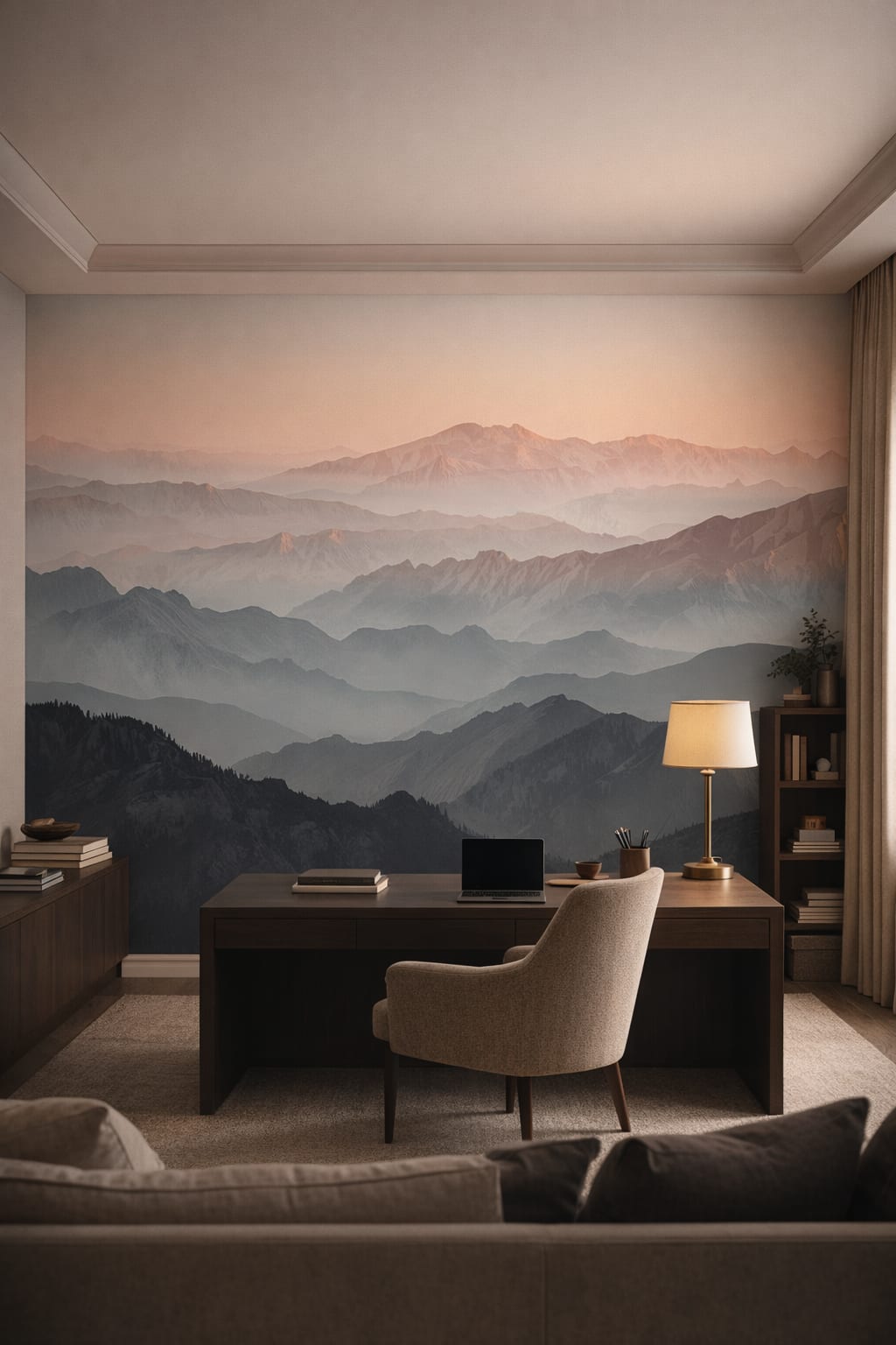 Greige refined mountain landscape featuring mist layers - Wall Mural Peel and Stick Wallpaper for Quiet Luxury Executive Home Office.