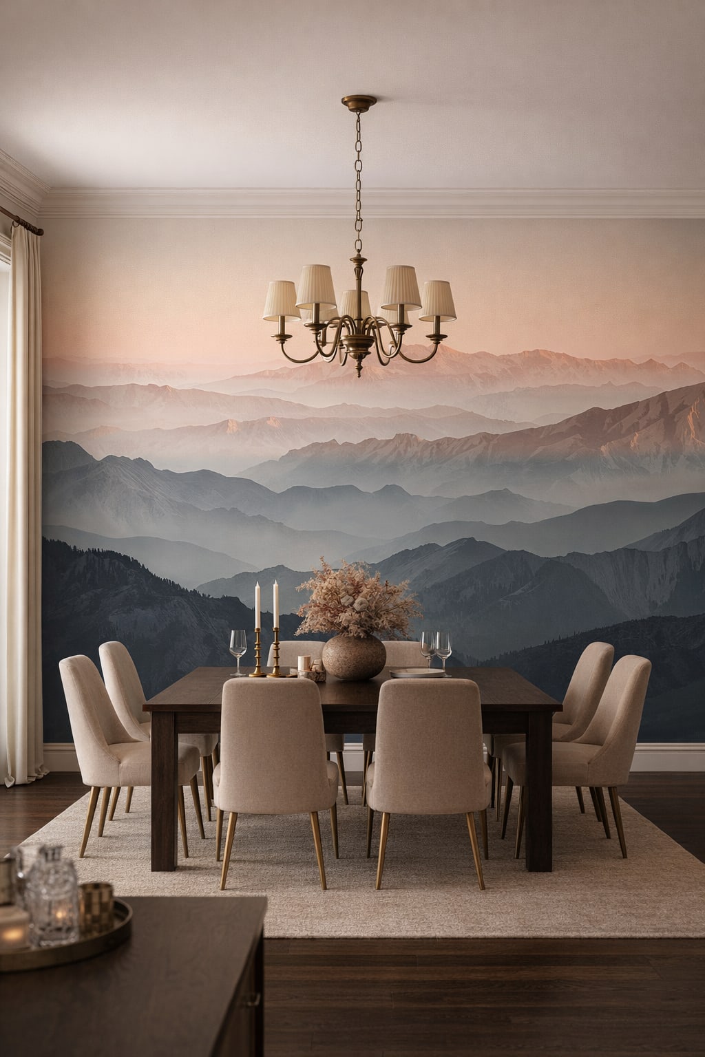 Refined cream-toned mountain landscape featuring dawn sky - Wall Mural Peel and Stick Wallpaper for Modern Classic Formal Dining Room.