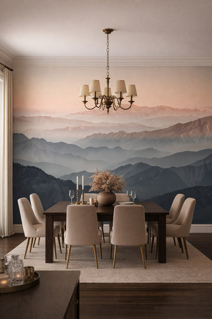 Refined cream-toned mountain landscape featuring dawn sky - Wall Mural Peel and Stick Wallpaper for Modern Classic Formal Dining Room.