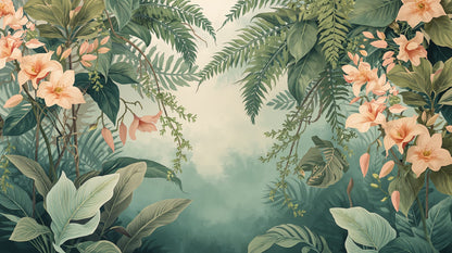 Painterly illustrated Sage Green tropical botanicals featuring layered detail - Wall Mural & Peel and Stick Wallpaper for Illustrated Interiors and Premium Home Styling