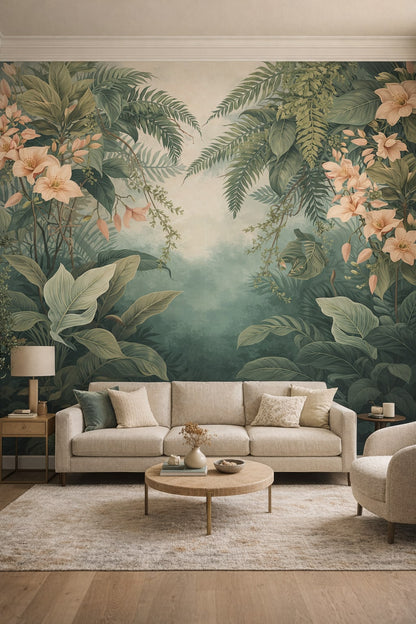 Quiet-luxury greige tropical botanicals - Wall Mural Peel and Stick Wallpaper for Quiet Luxury Living Room.