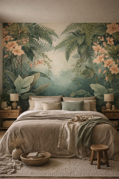 Wabi-sabi earth-toned tropical botanicals - Wall Mural Peel and Stick Wallpaper for Wabi-sabi Master Bedroom.