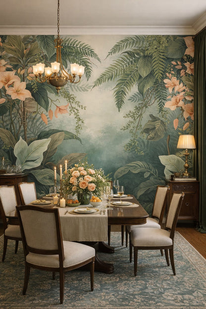 Art Nouveau cream-green tropical botanicals - Wall Mural Peel and Stick Wallpaper for Art Nouveau Formal Dining Room.