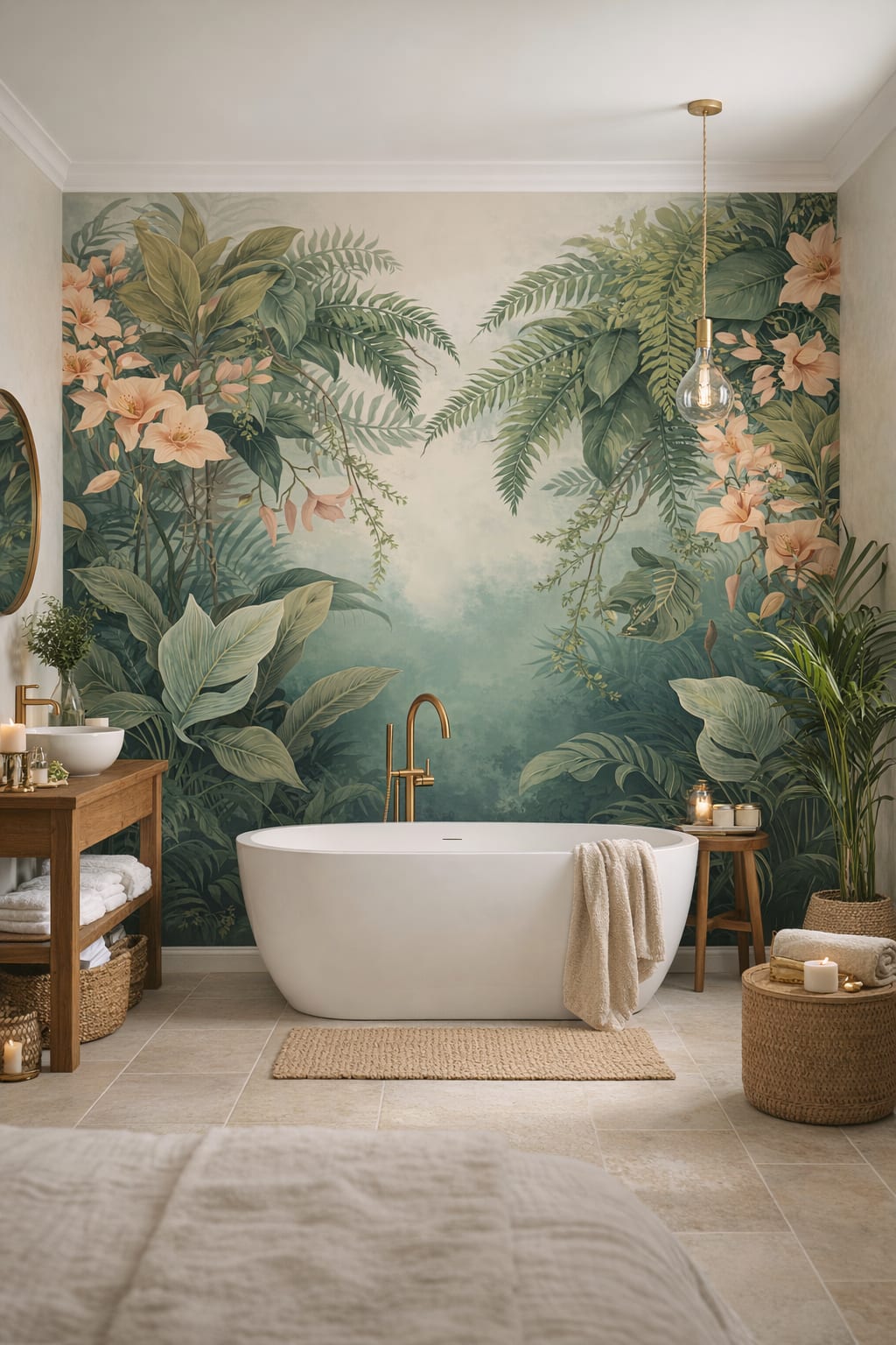 Modern Green tropical botanicals - Wall Mural Peel and Stick Wallpaper for Tropical Modern Luxury Bathroom.