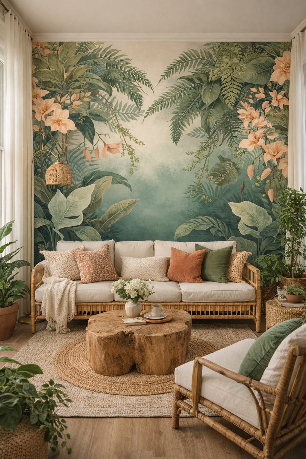 Boho warm-neutral tropical botanicals - Wall Mural Peel and Stick Wallpaper for Boho Chic Sunroom.