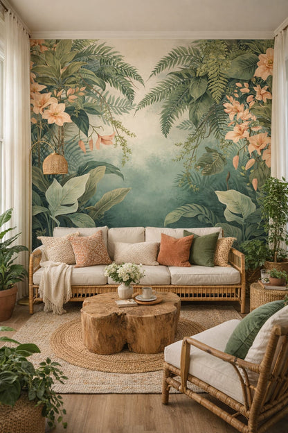 Boho warm-neutral tropical botanicals - Wall Mural Peel and Stick Wallpaper for Boho Chic Sunroom.