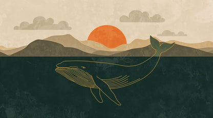 Serene minimalist Deep Teal whale featuring sunset and mountain landscape - Wall Mural & Peel and Stick Wallpaper for Minimalist Interiors and Premium Home Styling.