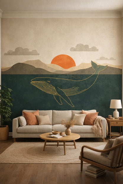 Coastal blue-sand whale featuring sunset - Wall Mural Peel and Stick Wallpaper for Coastal Living Room.