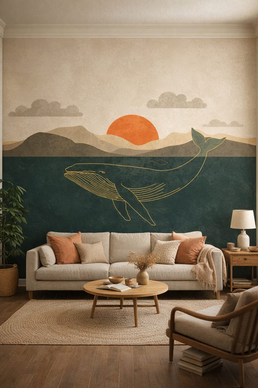 Coastal blue-sand whale featuring sunset - Wall Mural Peel and Stick Wallpaper for Coastal Living Room.