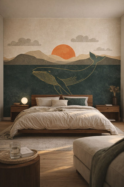 Sand-charcoal Japandi whale featuring sunset - Wall Mural Peel and Stick Wallpaper for Japandi Master Bedroom.