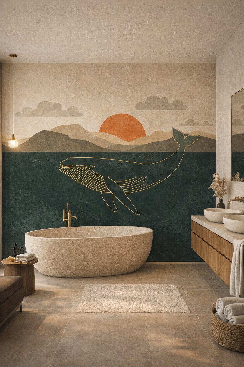 Organic Modern cream-sand whale featuring ocean - Wall Mural Peel and Stick Wallpaper for Organic Modern Luxury Bathroom.