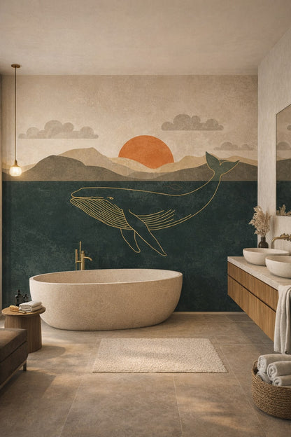 Organic Modern cream-sand whale featuring ocean - Wall Mural Peel and Stick Wallpaper for Organic Modern Luxury Bathroom.