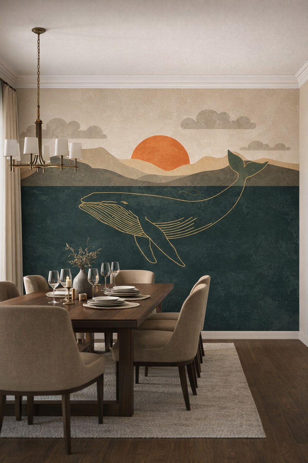 Modern Classic cream-warm gray whale featuring sunset - Wall Mural Peel and Stick Wallpaper for Modern Classic Formal Dining Room.