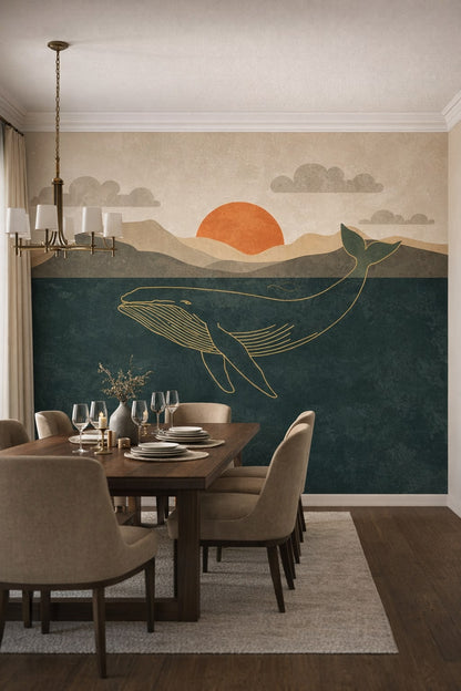 Modern Classic cream-warm gray whale featuring sunset - Wall Mural Peel and Stick Wallpaper for Modern Classic Formal Dining Room.
