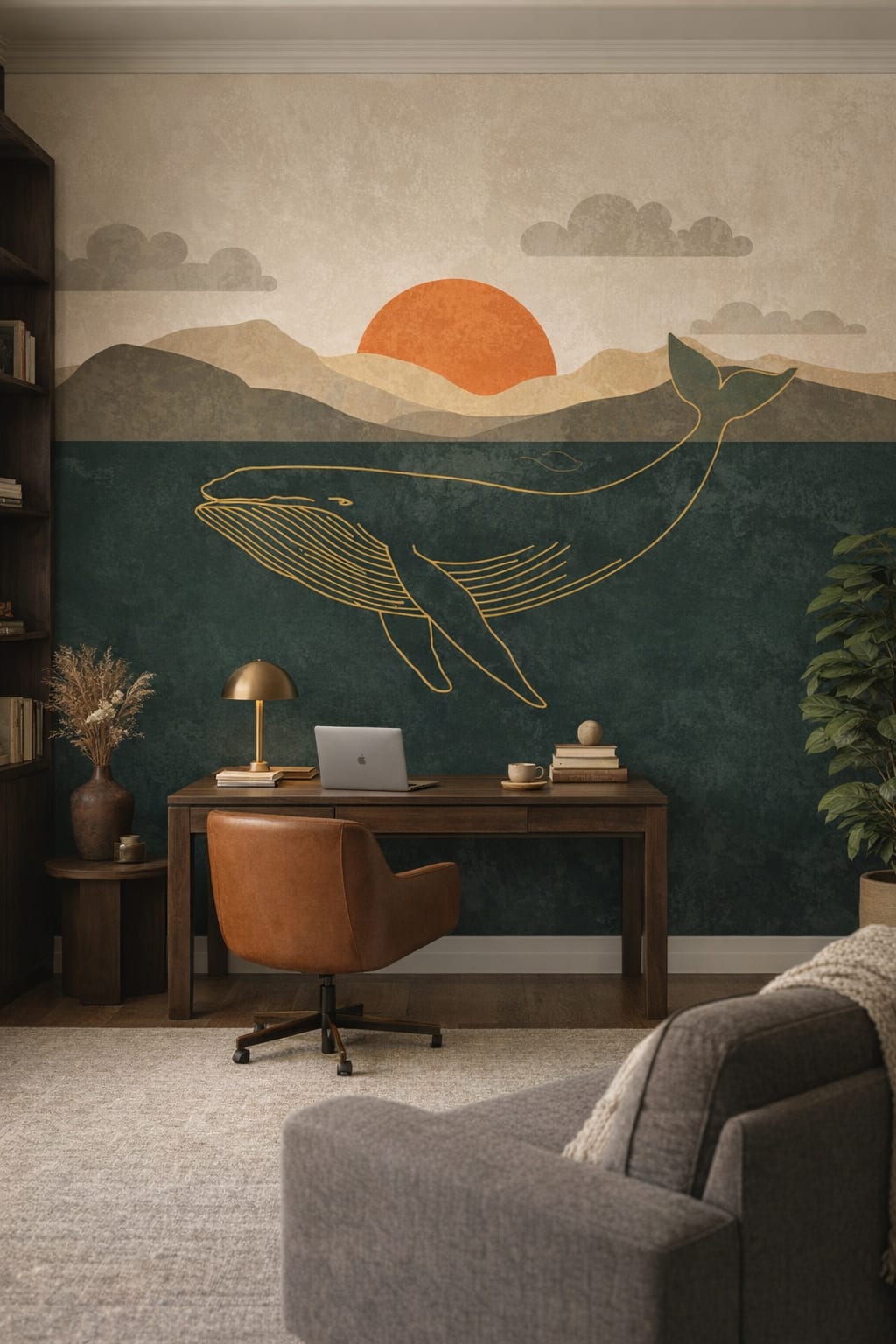 Urban Modern monochrome whale featuring sunset - Wall Mural Peel and Stick Wallpaper for Urban Modern Executive Home Office.