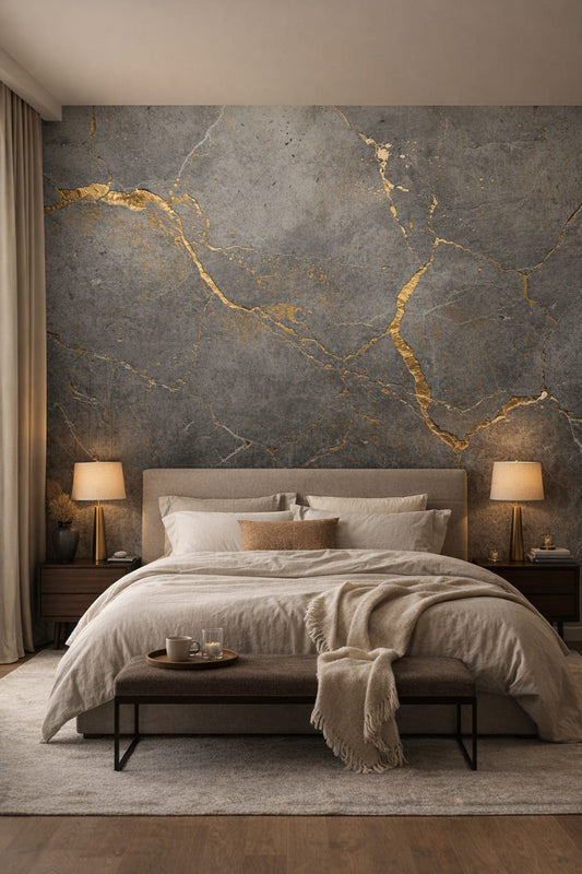 Quiet Luxury greige - gold veined stone - Wall Mural Peel and Stick Wallpaper for Quiet Luxury Master Bedroom.