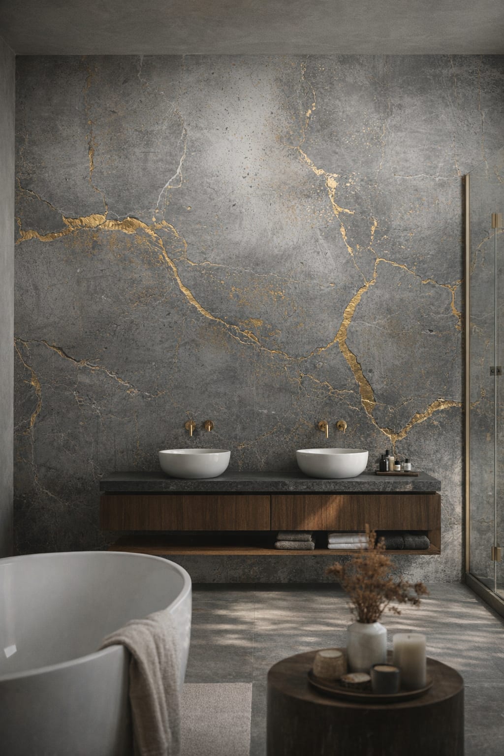Luxury Contemporary neutral-stone gold veined stone - Wall Mural Peel and Stick Wallpaper for Luxury Contemporary Luxury Bathroom.