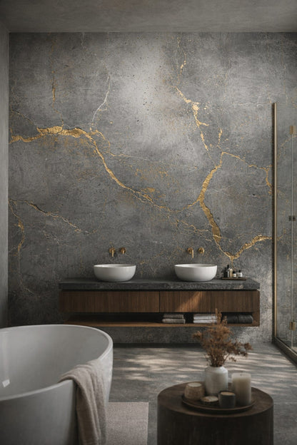 Luxury Contemporary neutral-stone gold veined stone - Wall Mural Peel and Stick Wallpaper for Luxury Contemporary Luxury Bathroom.
