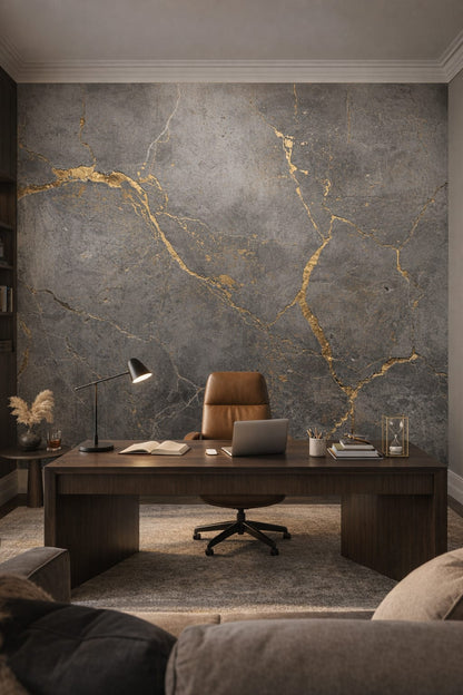 Modern (Modernist) monochrome gold veined stone - Wall Mural Peel and Stick Wallpaper for Modern (Modernist) Executive Home Office.