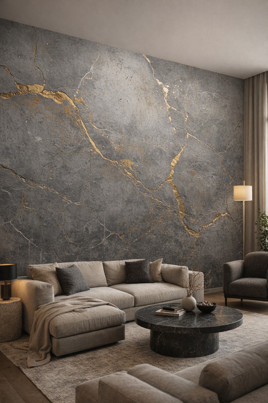 Brutalist gray-toned gold veined stone - Wall Mural Peel and Stick Wallpaper for Brutalist Living Room.