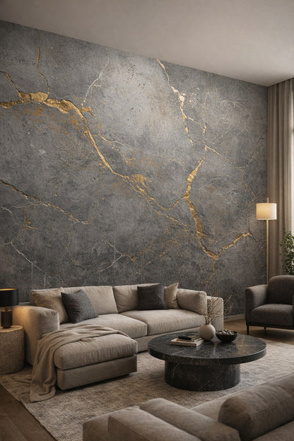 Brutalist gray-toned gold veined stone - Wall Mural Peel and Stick Wallpaper for Brutalist Living Room.