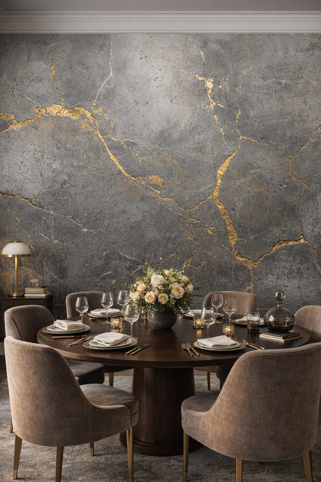 Art Deco black-and-gold gold veined stone - Wall Mural Peel and Stick Wallpaper for Art Deco Formal Dining Room.