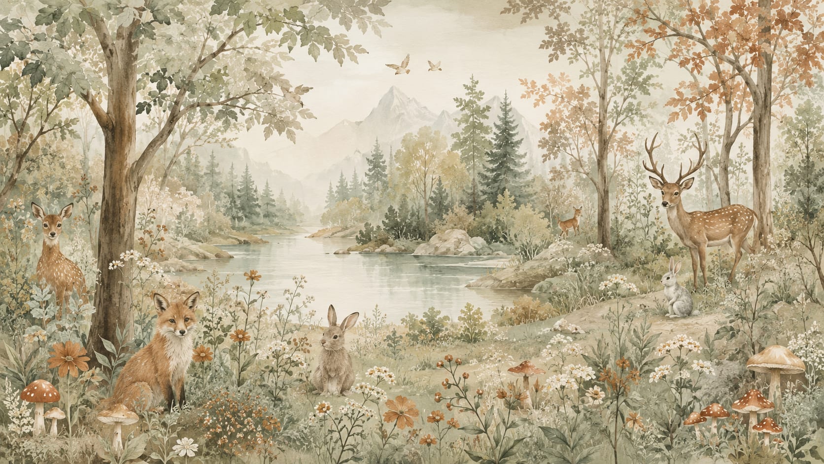 Soft Storybook Beige Woodland Animals featuring forest landscape, river and wildflowers - Wall Mural & Peel and Stick Wallpaper for Watercolor Nursery or Kids Room