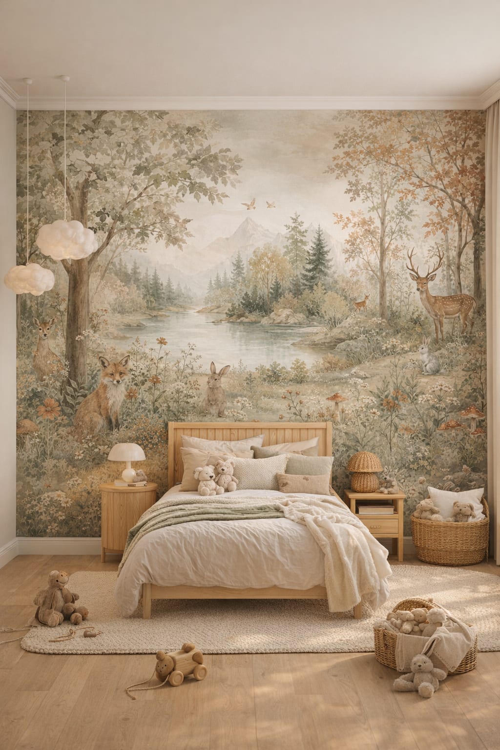 Scandi Kids birch woodland animals featuring river - Wall Mural Peel and Stick Wallpaper for Scandi Kids Kids Bedroom.