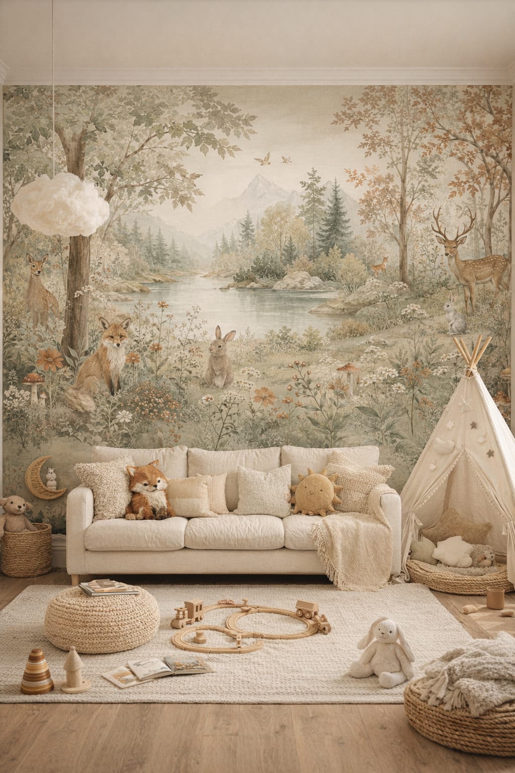 Boho terracotta woodland animals featuring river - Wall Mural Peel and Stick Wallpaper for Whimsical Boho Playroom.