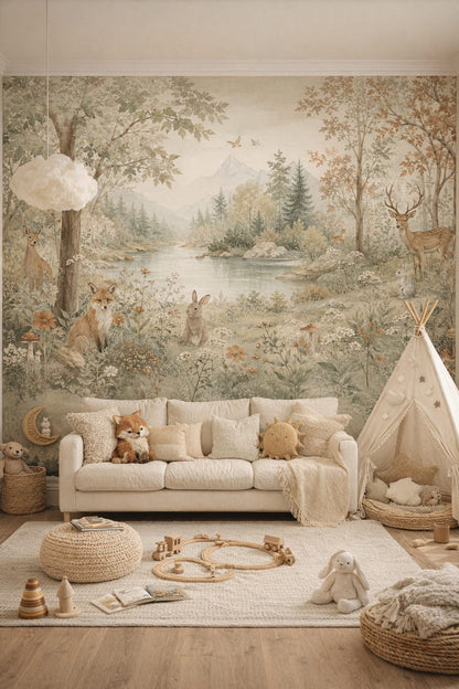 Boho terracotta woodland animals featuring river - Wall Mural Peel and Stick Wallpaper for Whimsical Boho Playroom.